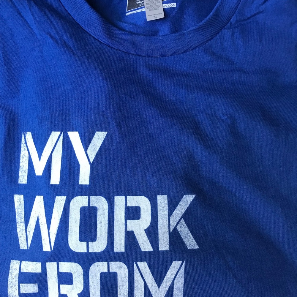 Design by Humans Work from Home T-Shirt sized XL. 100% Cotton Royal Blue NWOT